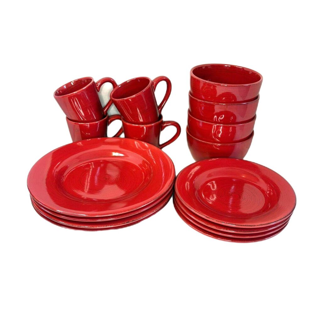 Tag Ltd Sonoma Red Dinnerware Set - 16 Piece Ironstone Ceramic Plates Bowls Mugs